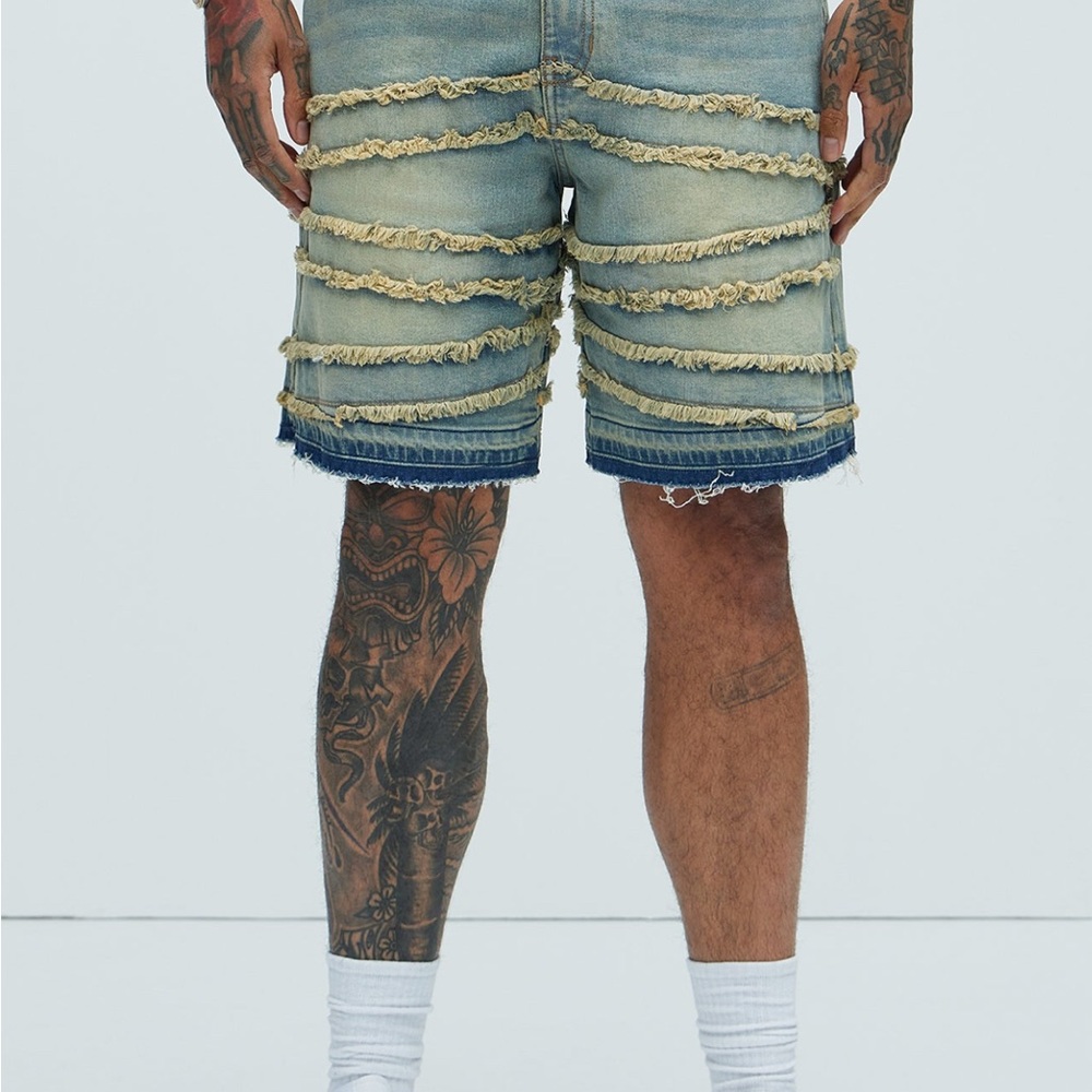 Frayed Denim Short - Vintage Blue Wash Men's Distressed Denim Shorts